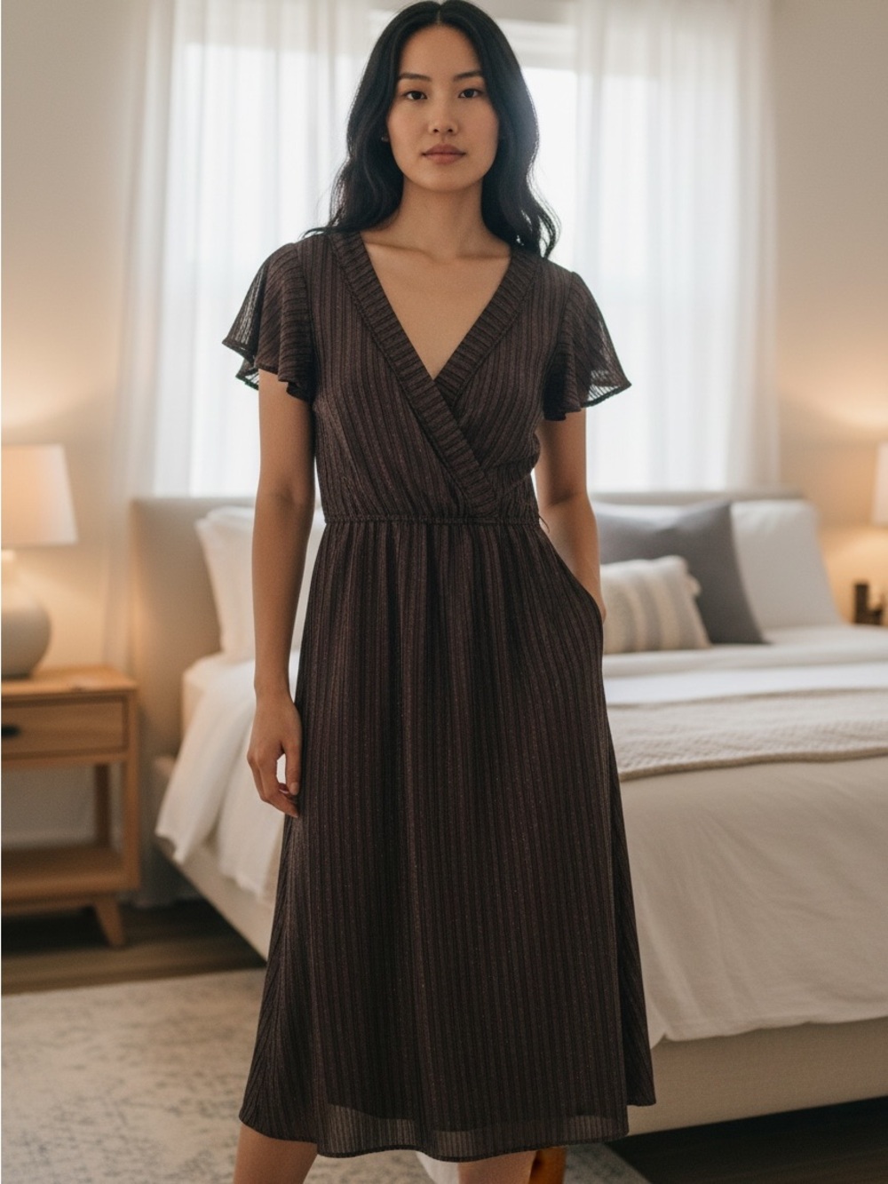Modcloth Brown Striped V-Neck Midi Dress